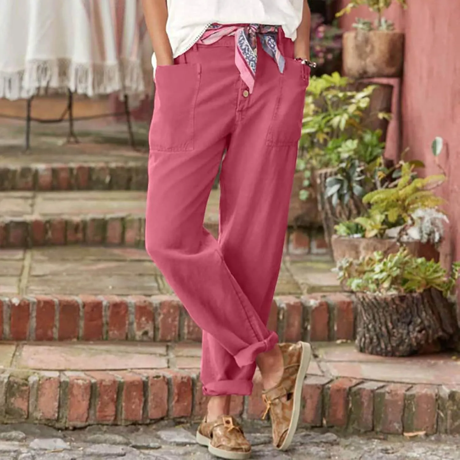 Straight Leg Linen Pants Women Trendy Button Fly Plus Size Cropped Pants Casual Cuffed Hem Loose Pants
