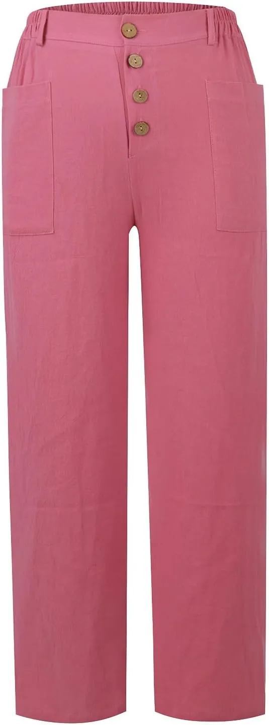 Straight Leg Linen Pants Women Trendy Button Fly Plus Size Cropped Pants Casual Cuffed Hem Loose Pants