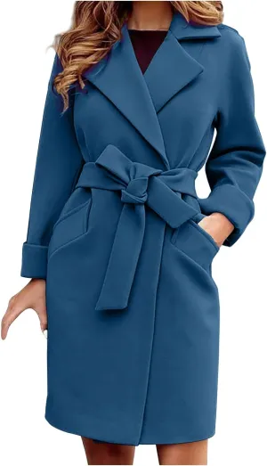 STYESH Womens Wrap Coats with Belt 2023 Fashion Overcoats Notched Lapel Trench Coats Winter Pea Coats Outerwear with Pockets
