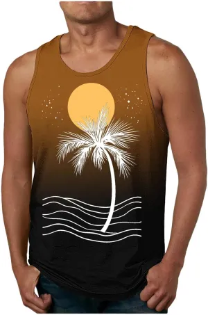 Stylish Palm Tank Tops Men's Vintage Shirts Sleeveless Summer Vacation Pullover Basic Tees Casual Workout Gym T-Shirt