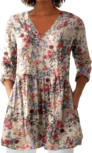 Summer 3/4 Sleeve Womens Tops V Neck Tunic Shirts Vintage Oversized T-Shirt Casual Baggy Boho Blouses Peasant Dress