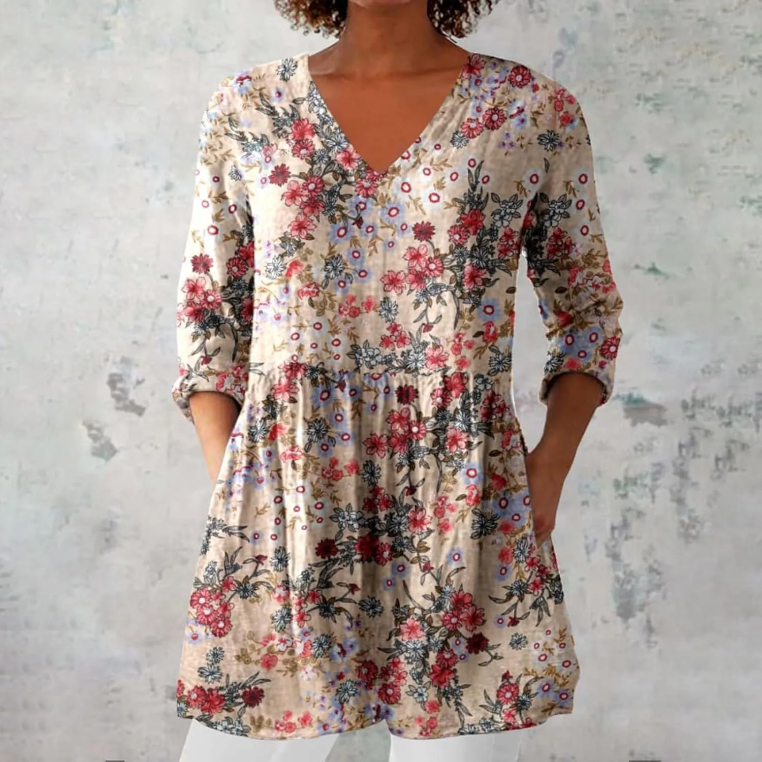 Summer 3/4 Sleeve Womens Tops V Neck Tunic Shirts Vintage Oversized T-Shirt Casual Baggy Boho Blouses Peasant Dress