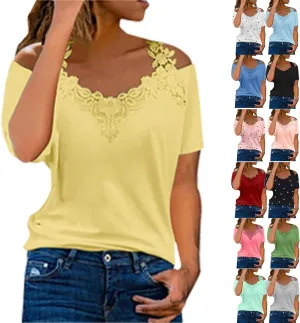 Summer Cold Shoulder Tops for Women Lace Short Sleeve V Neck Blouses Loose Casual Graphic Tee Shirts Pullover