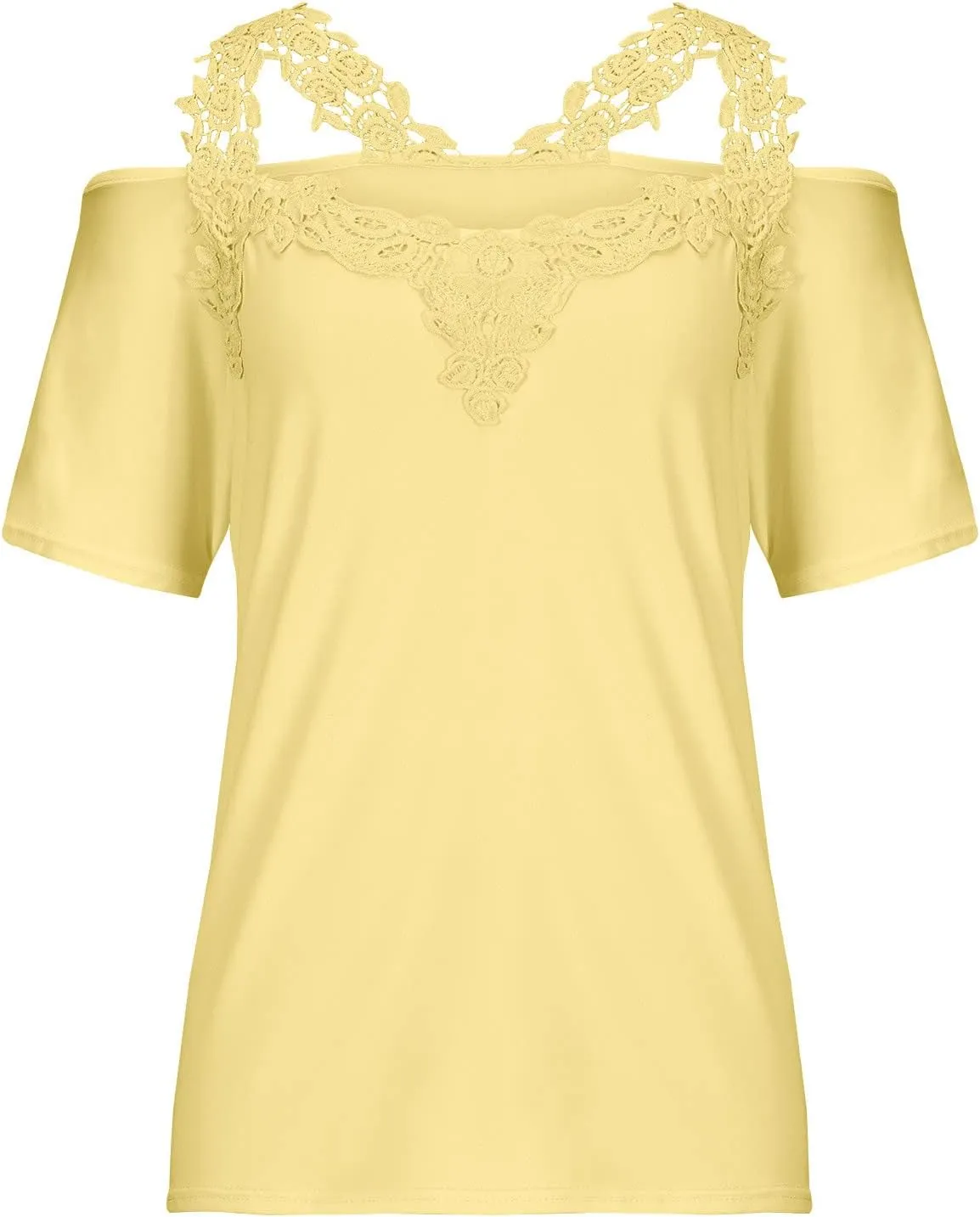 Summer Cold Shoulder Tops for Women Lace Short Sleeve V Neck Blouses Loose Casual Graphic Tee Shirts Pullover