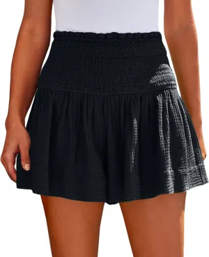 Summer Linen Shorts for Women High Waisted Smocked Pleated Ruffle Shorts Wide Leg Flowy Travel Vacation Beach Short
