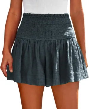 Summer Linen Shorts for Women High Waisted Smocked Pleated Ruffle Shorts Wide Leg Flowy Travel Vacation Beach Short