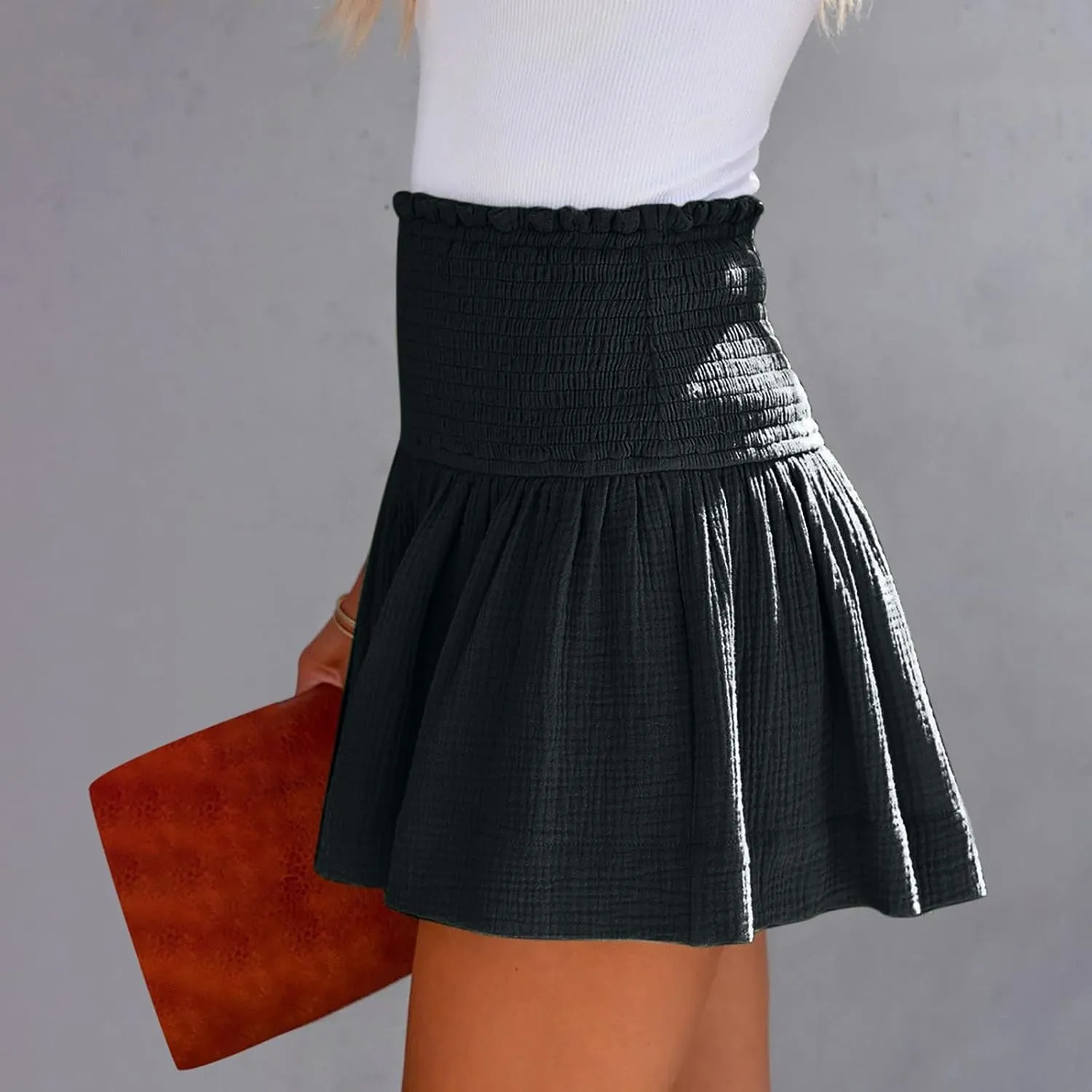 Summer Linen Shorts for Women High Waisted Smocked Pleated Ruffle Shorts Wide Leg Flowy Travel Vacation Beach Short