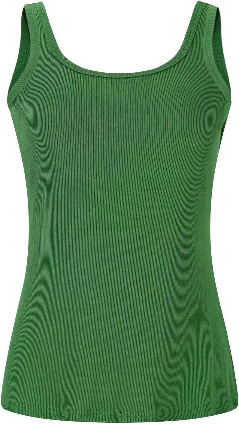 Summer Tank Tops for Women Built in Bra Trendy Sleeveless U Neck Padded Shirts Solid Sexy Knitted Vacation Camisole