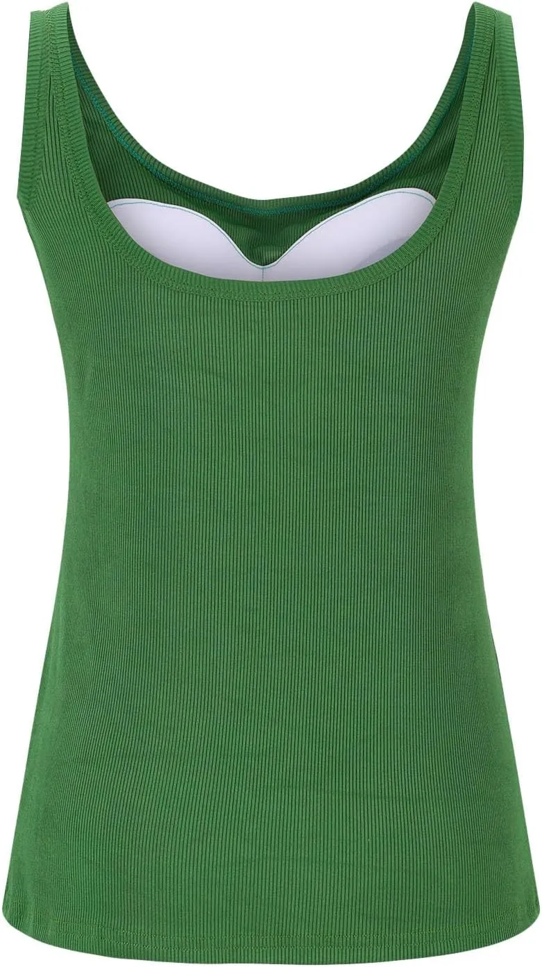 Summer Tank Tops for Women Built in Bra Trendy Sleeveless U Neck Padded Shirts Solid Sexy Knitted Vacation Camisole