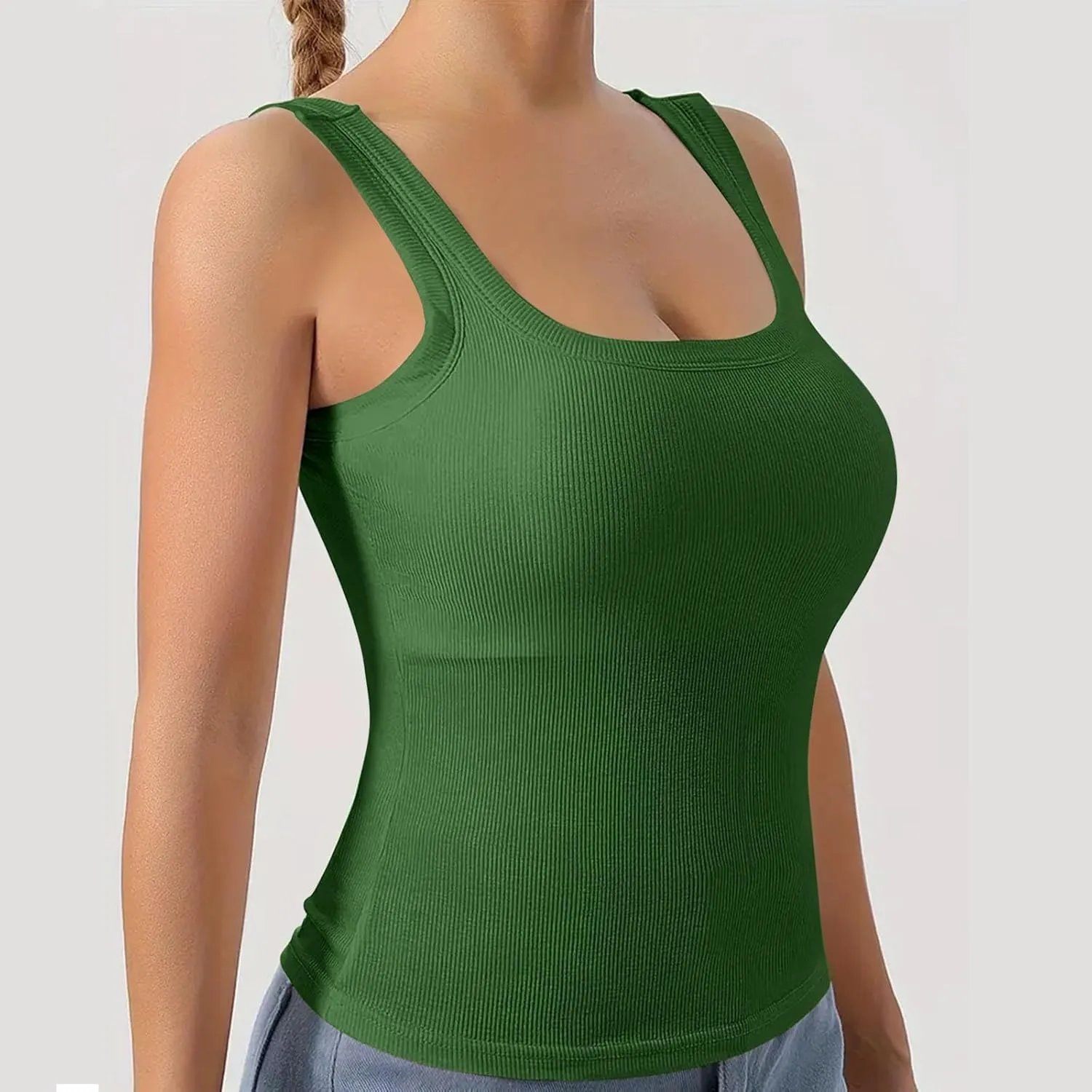 Summer Tank Tops for Women Built in Bra Trendy Sleeveless U Neck Padded Shirts Solid Sexy Knitted Vacation Camisole