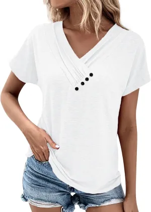 Summer Tops for Women Casual Pleated Button V-Neck Short Sleeve T Shirts Solid Color Cute Tees Loose Trendy Tunics Clothing