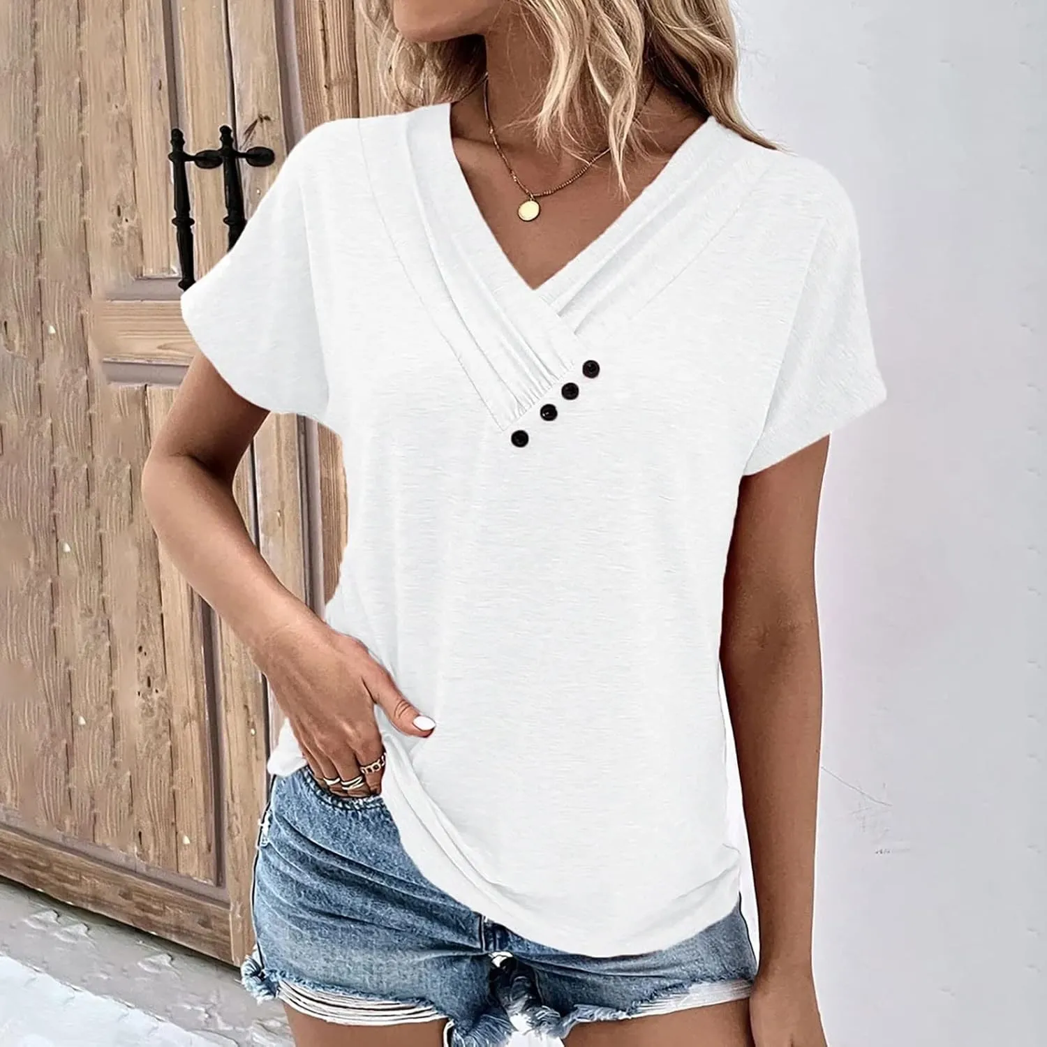 Summer Tops for Women Casual Pleated Button V-Neck Short Sleeve T Shirts Solid Color Cute Tees Loose Trendy Tunics Clothing