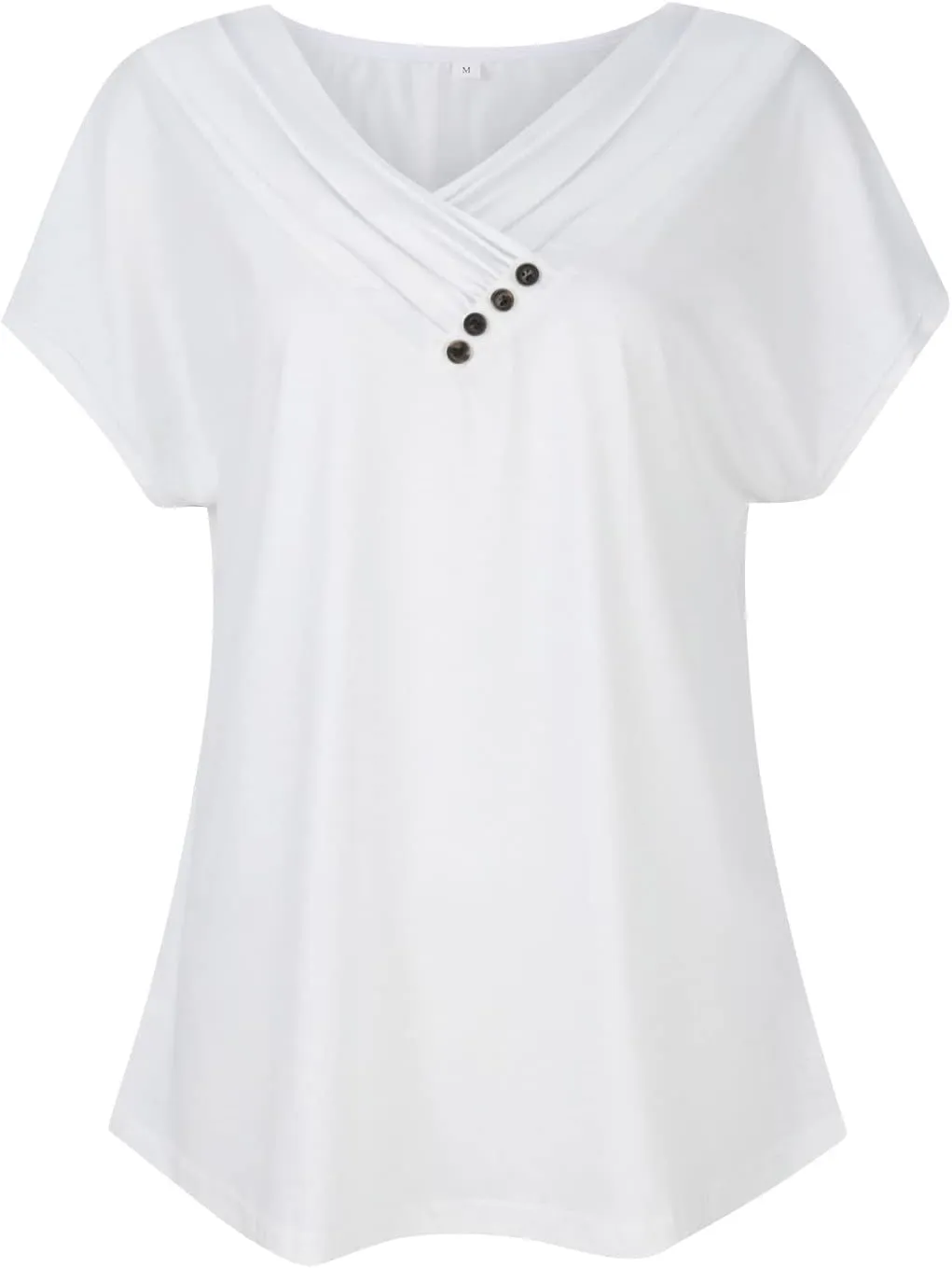 Summer Tops for Women Casual Pleated Button V-Neck Short Sleeve T Shirts Solid Color Cute Tees Loose Trendy Tunics Clothing
