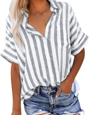 Summer Tops for Women Linen Short Sleeve Shirt Striped Button Down Shirt Turn Down Collar Blouse with Front Pocket