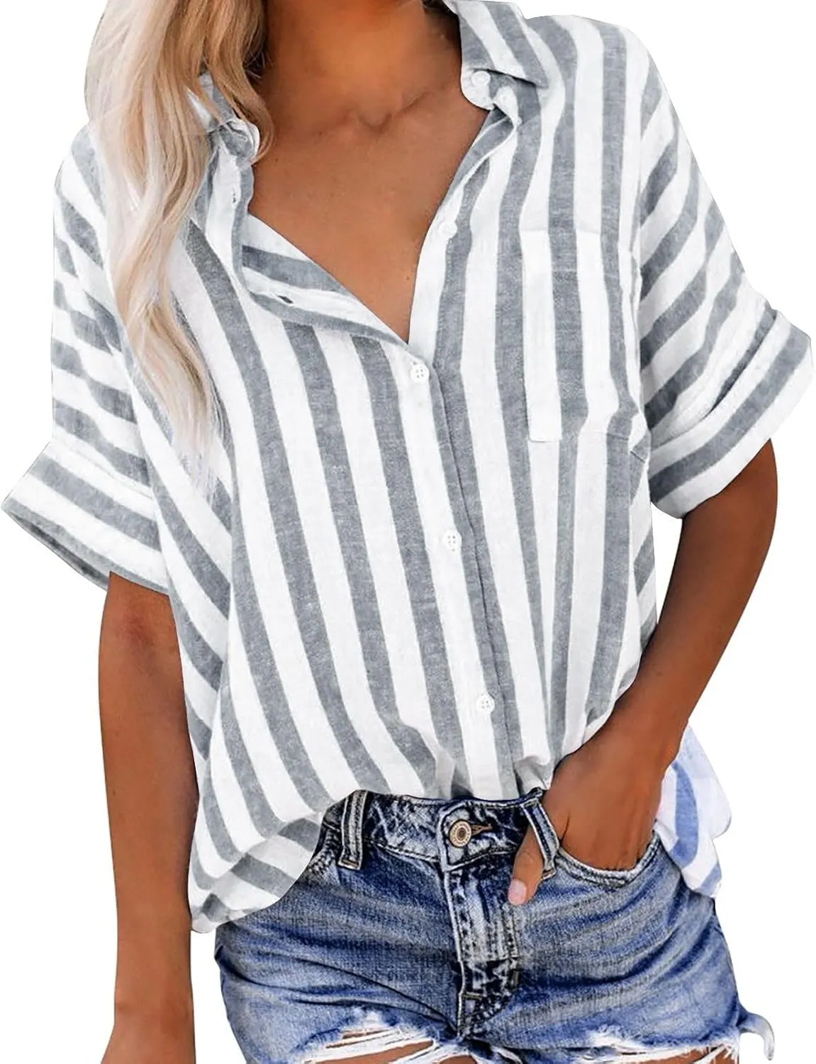Summer Tops for Women Linen Short Sleeve Shirt Striped Button Down Shirt Turn Down Collar Blouse with Front Pocket