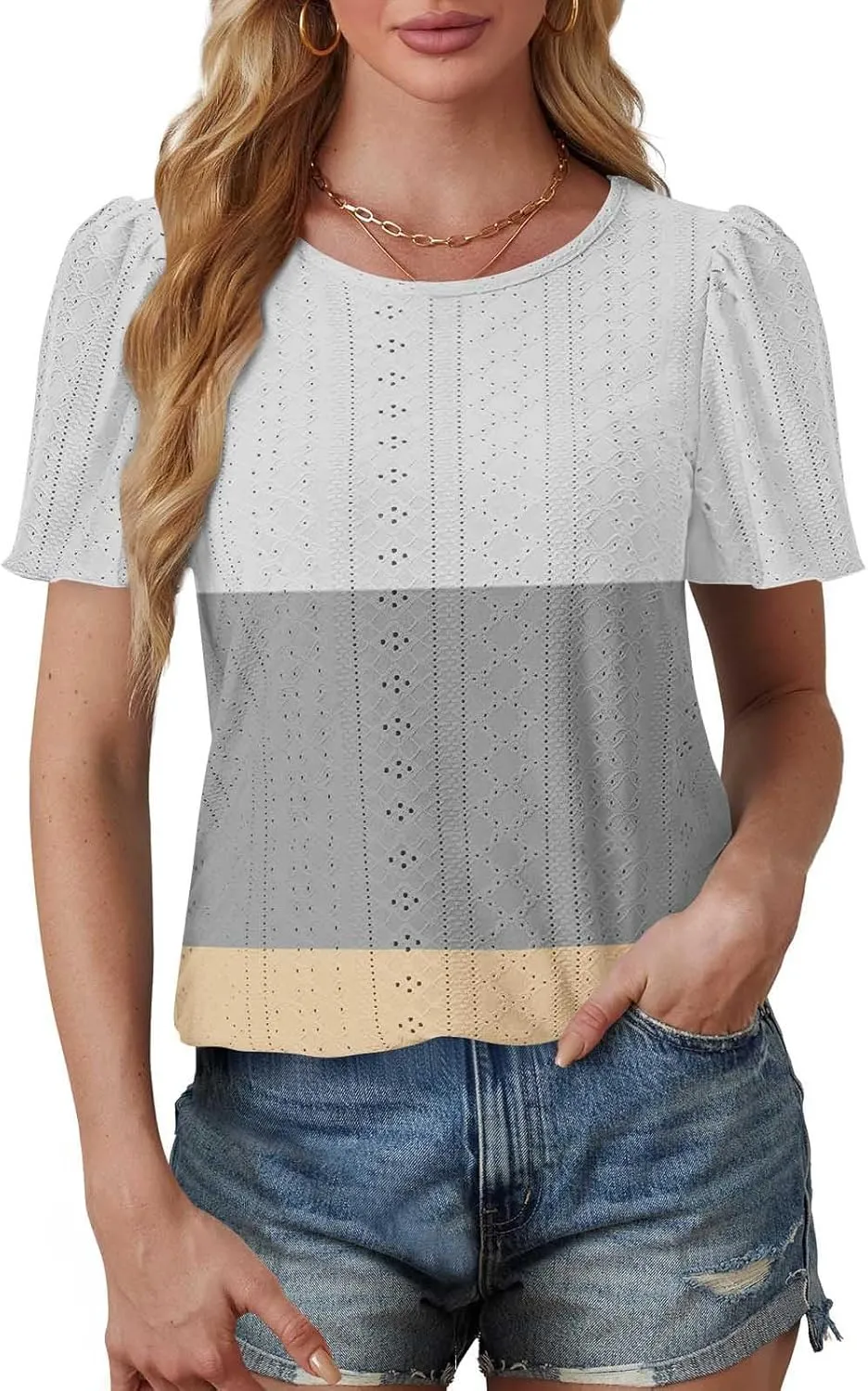 Summer Tops for Women Trendy Eyelet Hollow Out T-Shirts Crewneck Color Block Shirts Casual Loose Fit Tunic Blouse