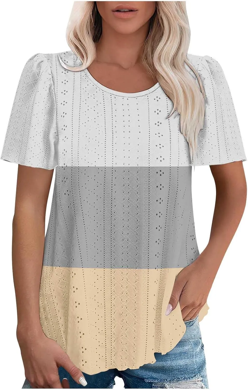 Summer Tops for Women Trendy Eyelet Hollow Out T-Shirts Crewneck Color Block Shirts Casual Loose Fit Tunic Blouse