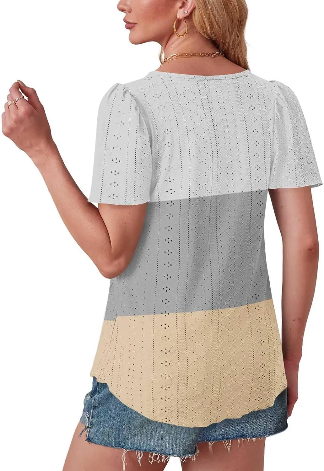 Summer Tops for Women Trendy Eyelet Hollow Out T-Shirts Crewneck Color Block Shirts Casual Loose Fit Tunic Blouse
