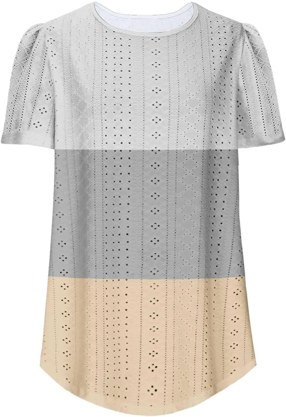 Summer Tops for Women Trendy Eyelet Hollow Out T-Shirts Crewneck Color Block Shirts Casual Loose Fit Tunic Blouse