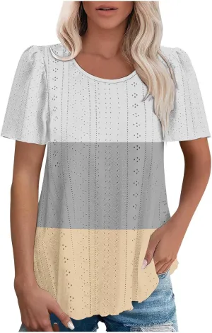 Summer Tops for Women Trendy Eyelet Hollow Out T-Shirts Crewneck Color Block Shirts Casual Loose Fit Tunic Blouse