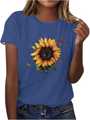 Sunflower Graphic Tees Women Casual Short Sleeve Loose Fit Butterfly Teen Girls T Shirt Summer Trendy Tops