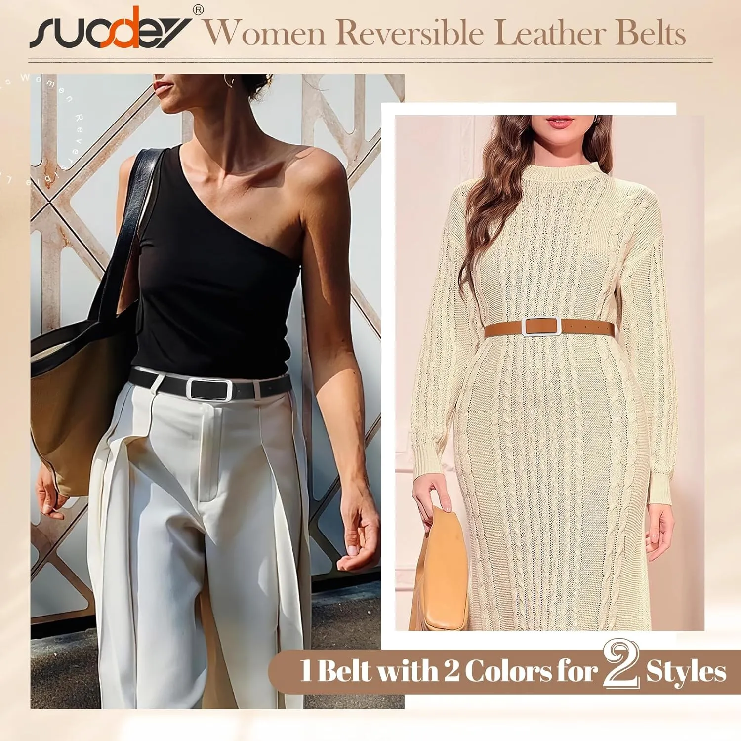 SUOSDEY Women Reversible Leather Belts for Jeans Pants Dresses Ladies Fashion Belts with Gold Buckle