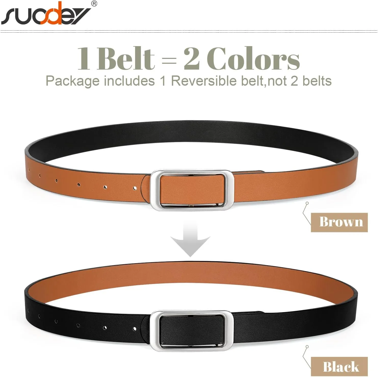 SUOSDEY Women Reversible Leather Belts for Jeans Pants Dresses Ladies Fashion Belts with Gold Buckle