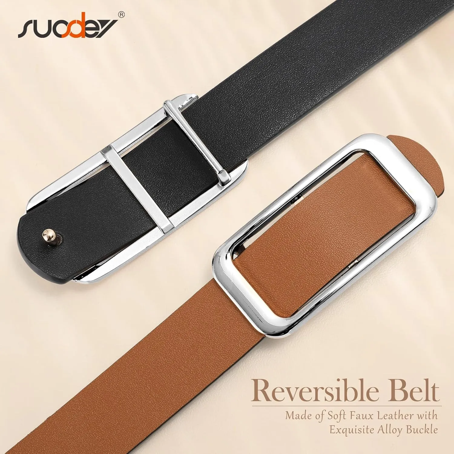 SUOSDEY Women Reversible Leather Belts for Jeans Pants Dresses Ladies Fashion Belts with Gold Buckle