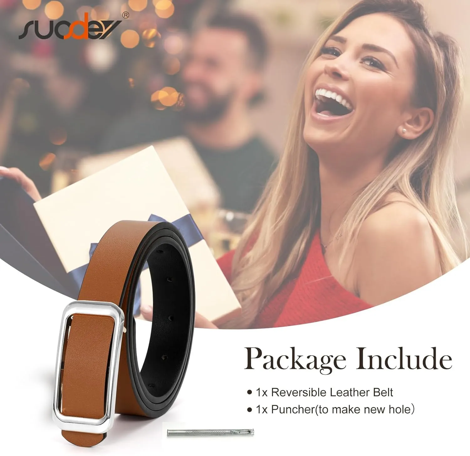 SUOSDEY Women Reversible Leather Belts for Jeans Pants Dresses Ladies Fashion Belts with Gold Buckle