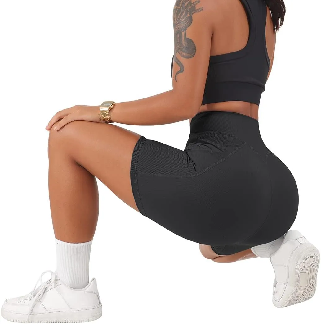 SUUKSESS Women Cross Workout Shorts with Pockets 5" High Waist Booty Biker Short
