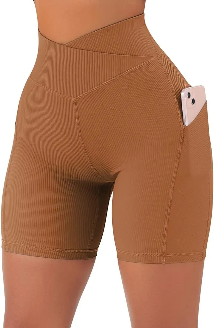 SUUKSESS Women Cross Workout Shorts with Pockets 5" High Waist Booty Biker Short