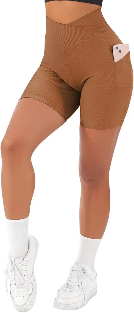 SUUKSESS Women Cross Workout Shorts with Pockets 5" High Waist Booty Biker Short