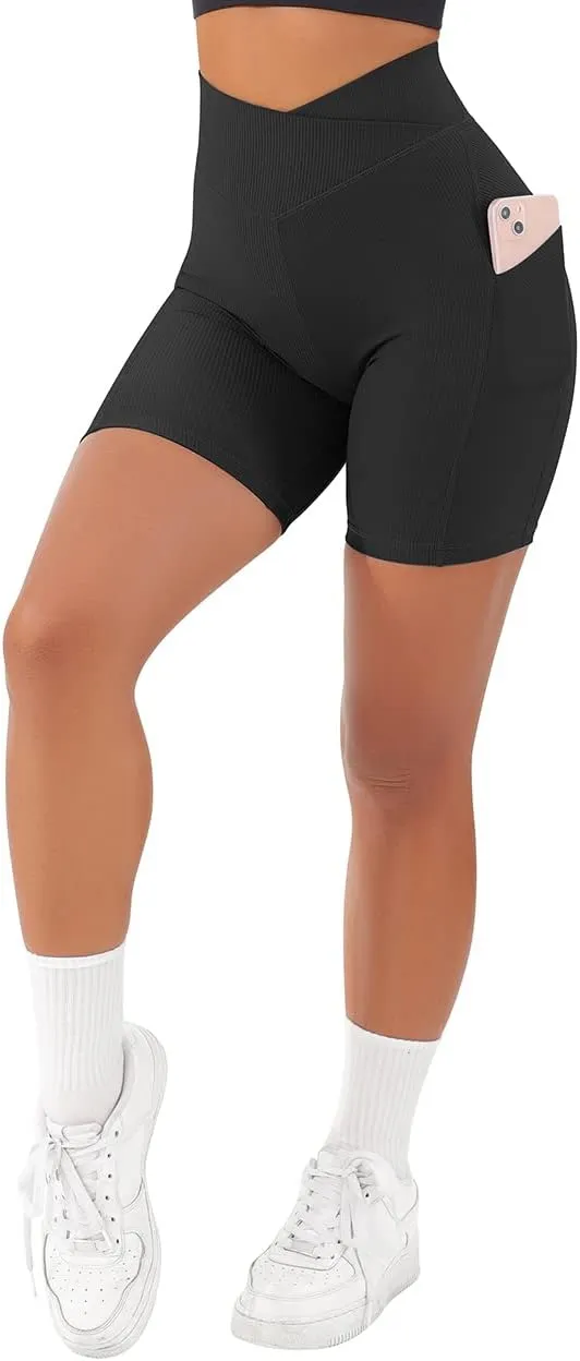 SUUKSESS Women Cross Workout Shorts with Pockets 5" High Waist Booty Biker Short