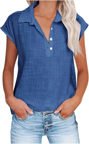 T Shirts for Women Summer Casual Short Sleeve Henley V Neck Button Up Tunic Fashion Loose Fit Tee Shirt Blouses