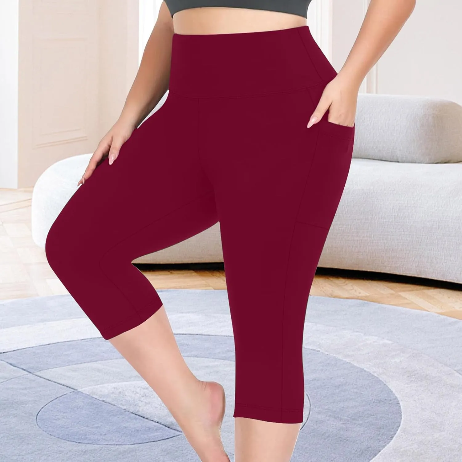 TANGNADE Women Yoga Capri Pants Plus Size Leggings Stretchy High Waist Workout Trouser Workout Pants with Pockets