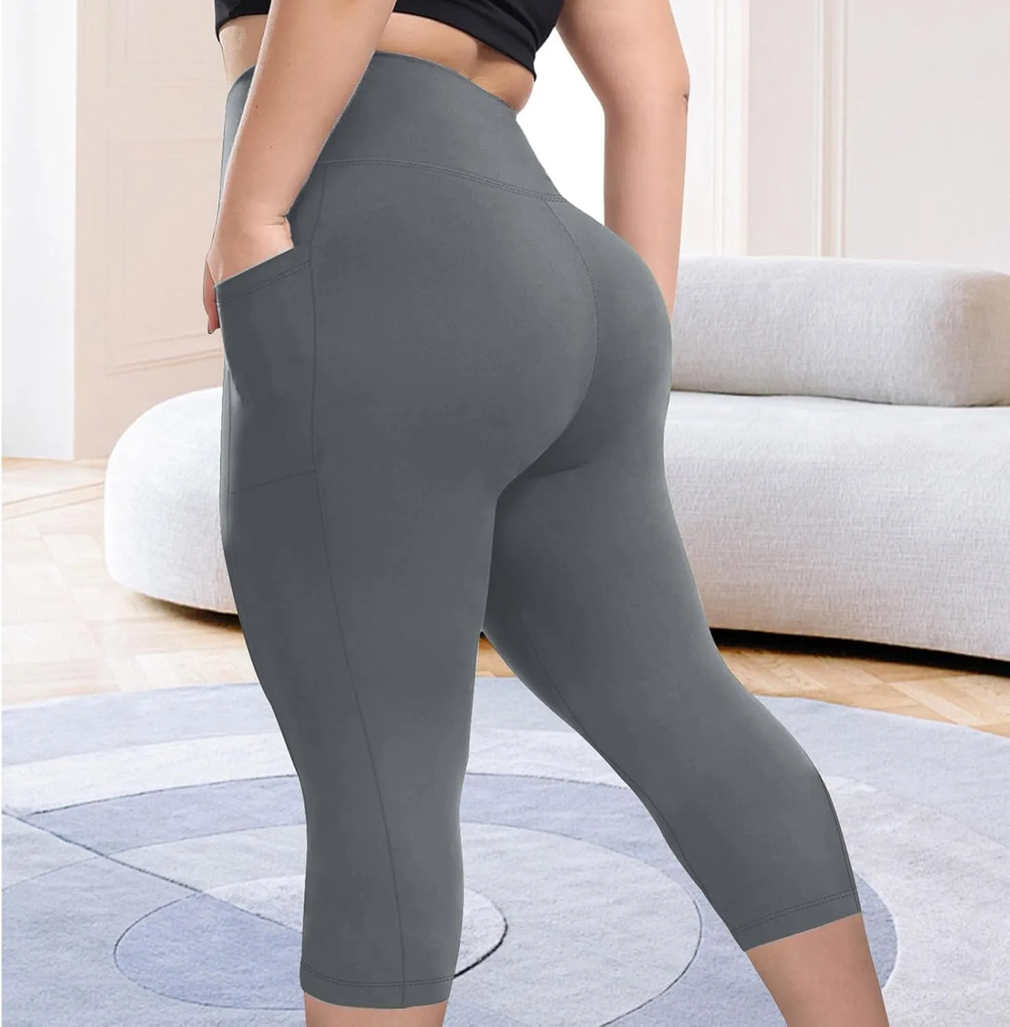 TANGNADE Women Yoga Capri Pants Plus Size Leggings Stretchy High Waist Workout Trouser Workout Pants with Pockets