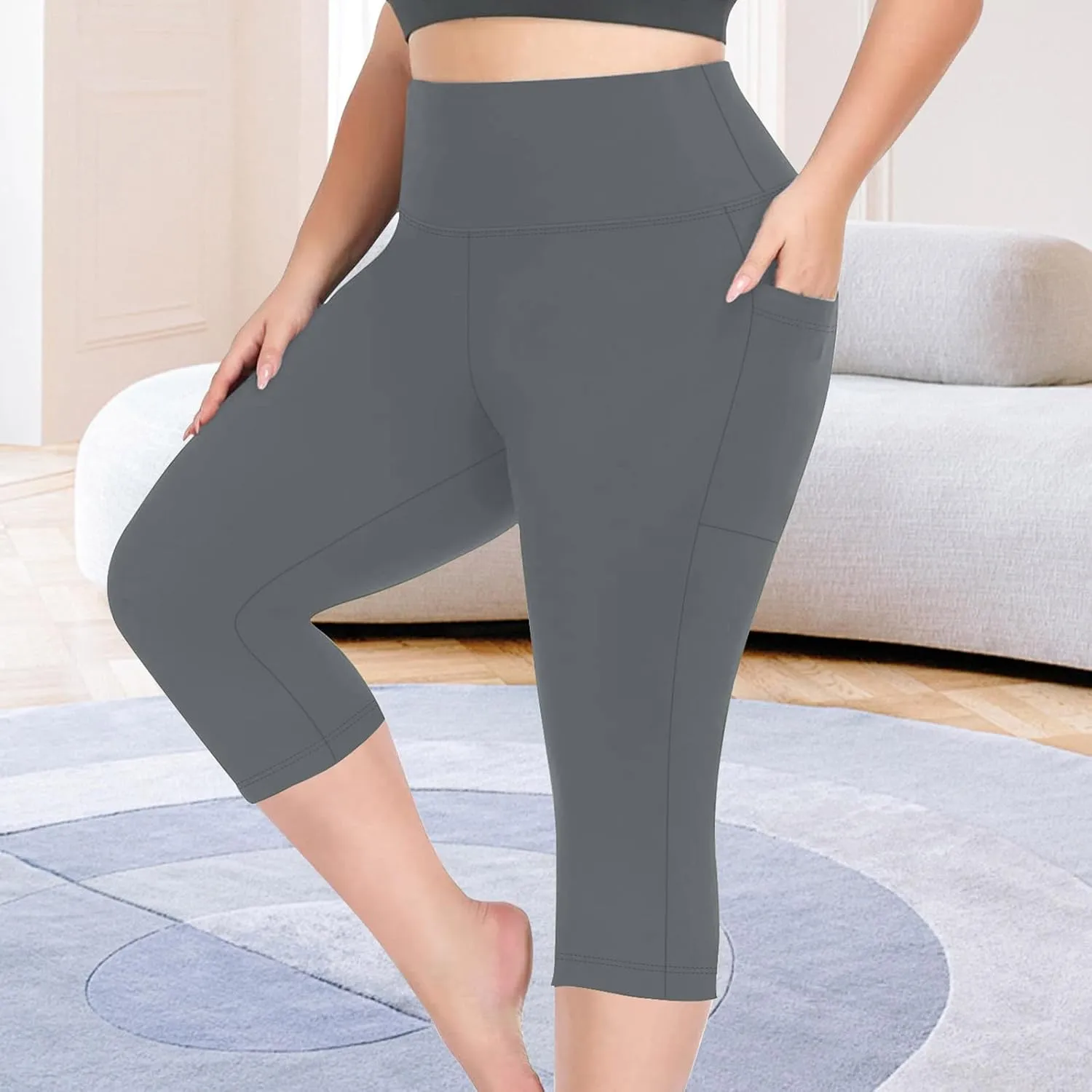 TANGNADE Women Yoga Capri Pants Plus Size Leggings Stretchy High Waist Workout Trouser Workout Pants with Pockets