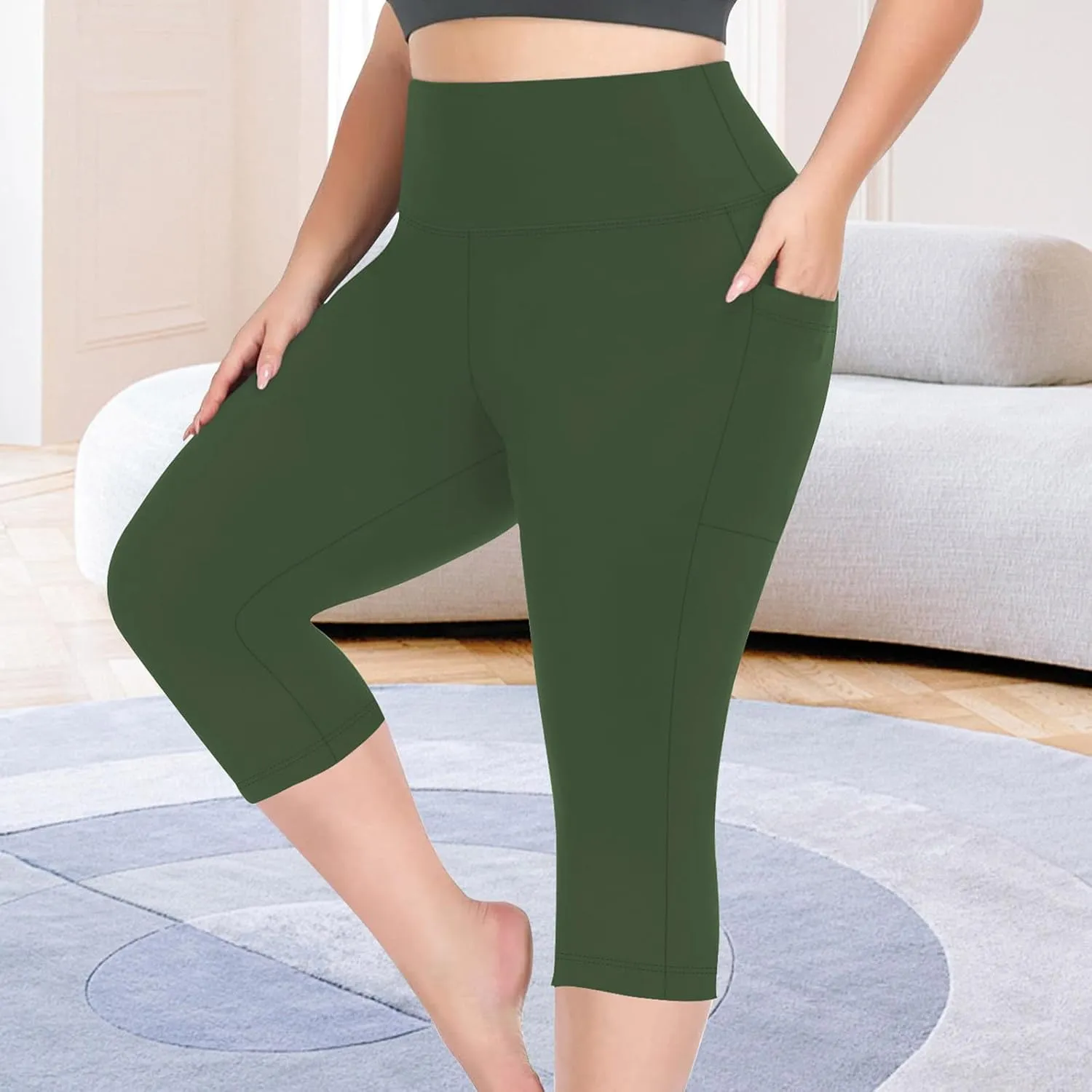 TANGNADE Women Yoga Capri Pants Plus Size Leggings Stretchy High Waist Workout Trouser Workout Pants with Pockets