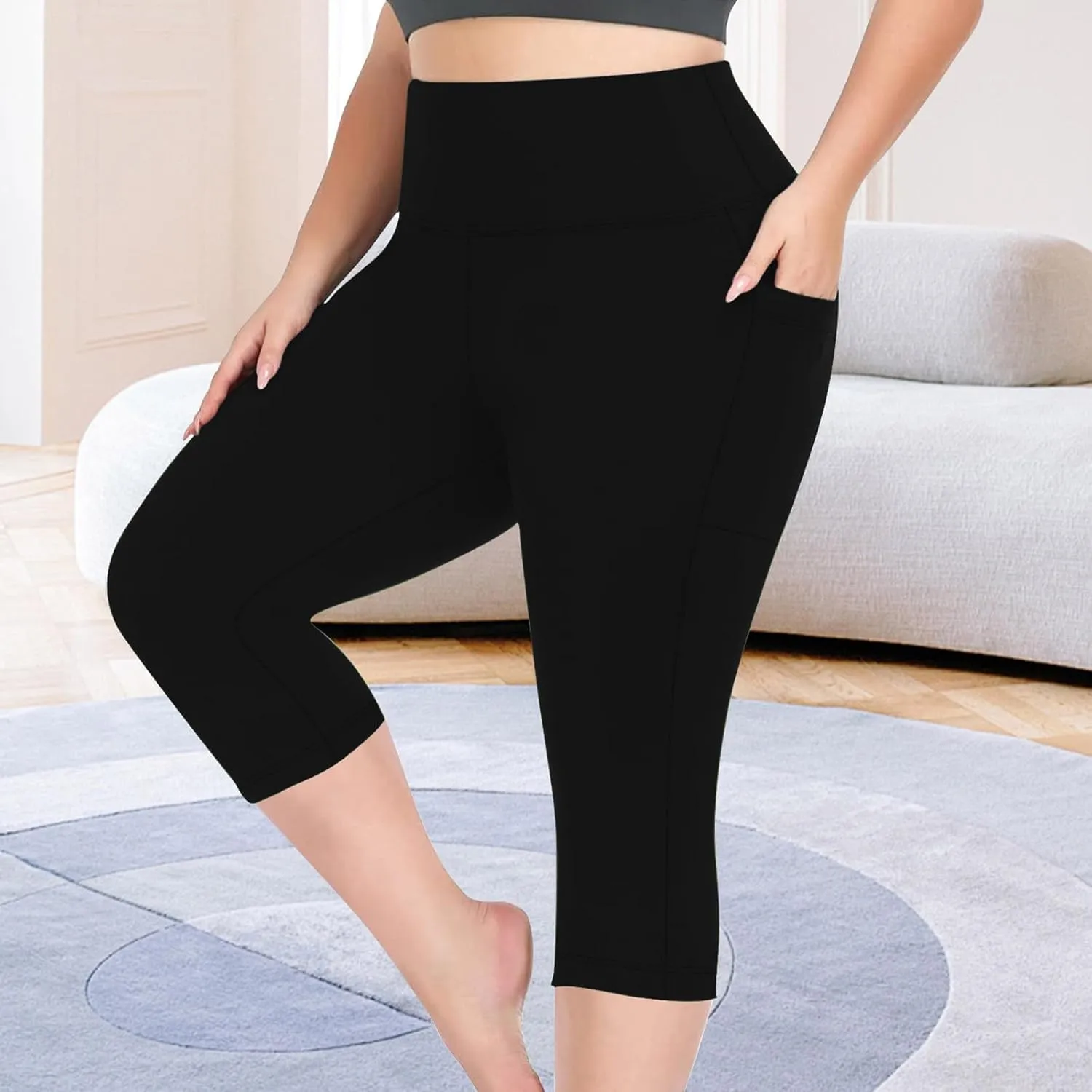 TANGNADE Women Yoga Capri Pants Plus Size Leggings Stretchy High Waist Workout Trouser Workout Pants with Pockets