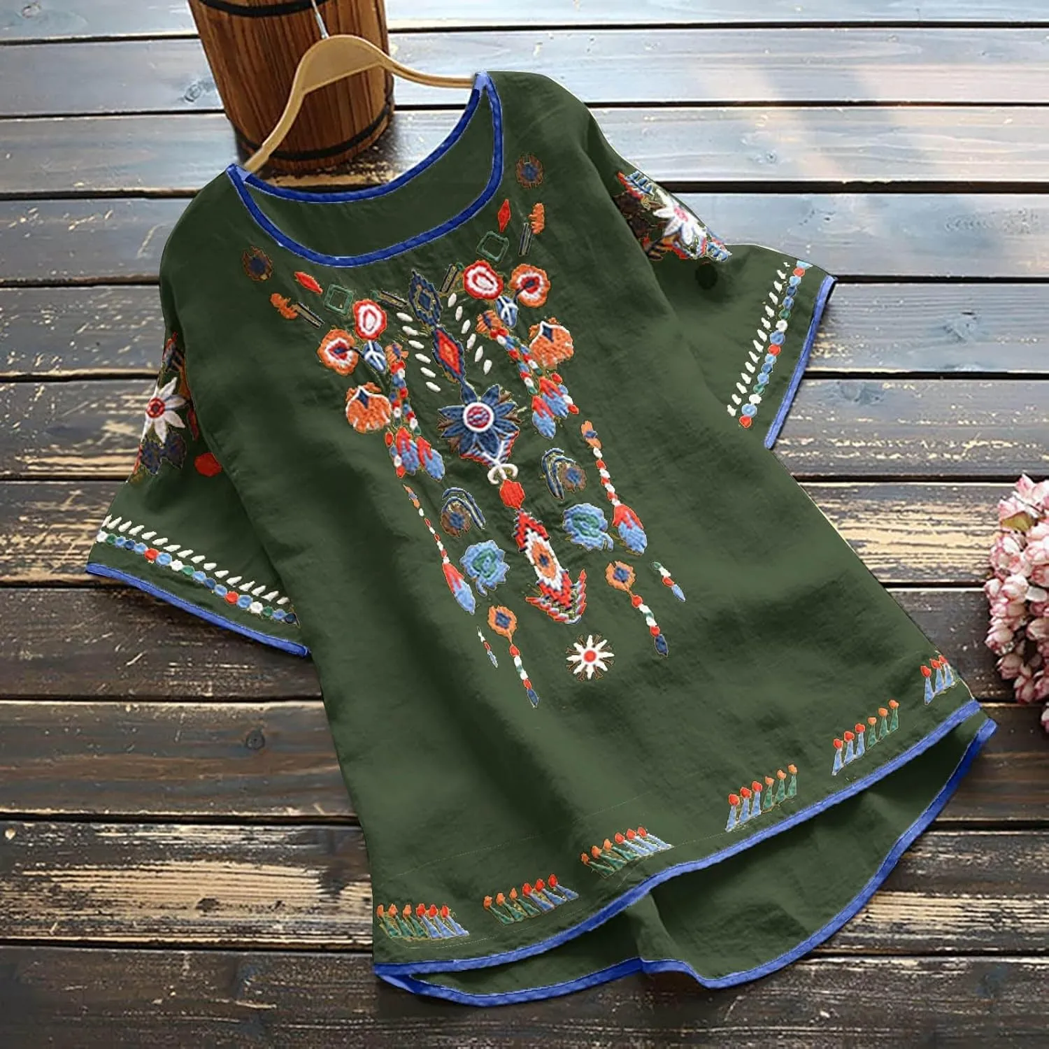 TANGNADE Womens Boho Mexican Embroidered Tops Short Sleeve Peasant Shirts Casual Loose Blouse Summer Bohemian Clothes