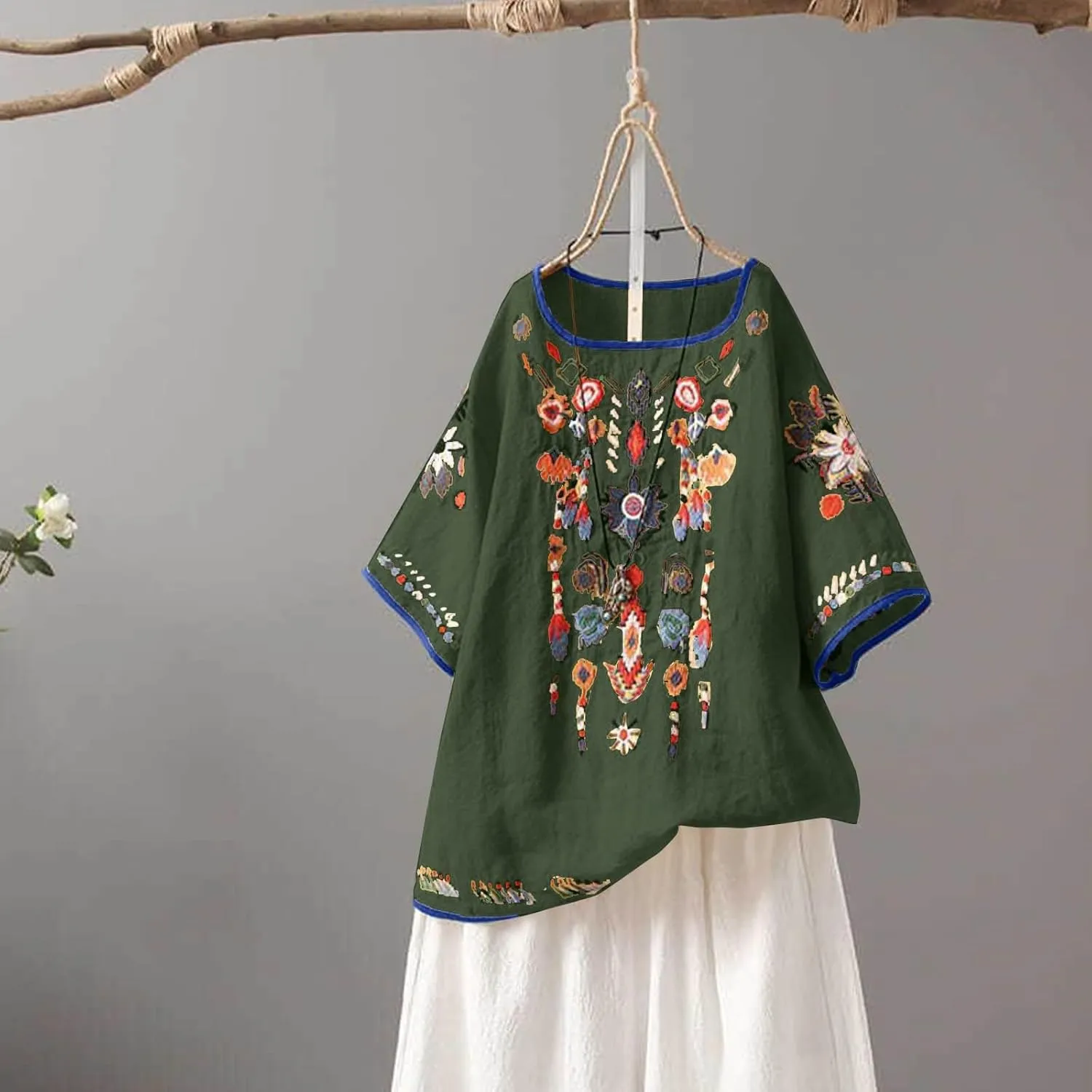 TANGNADE Womens Boho Mexican Embroidered Tops Short Sleeve Peasant Shirts Casual Loose Blouse Summer Bohemian Clothes