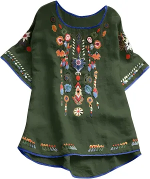 TANGNADE Womens Boho Mexican Embroidered Tops Short Sleeve Peasant Shirts Casual Loose Blouse Summer Bohemian Clothes