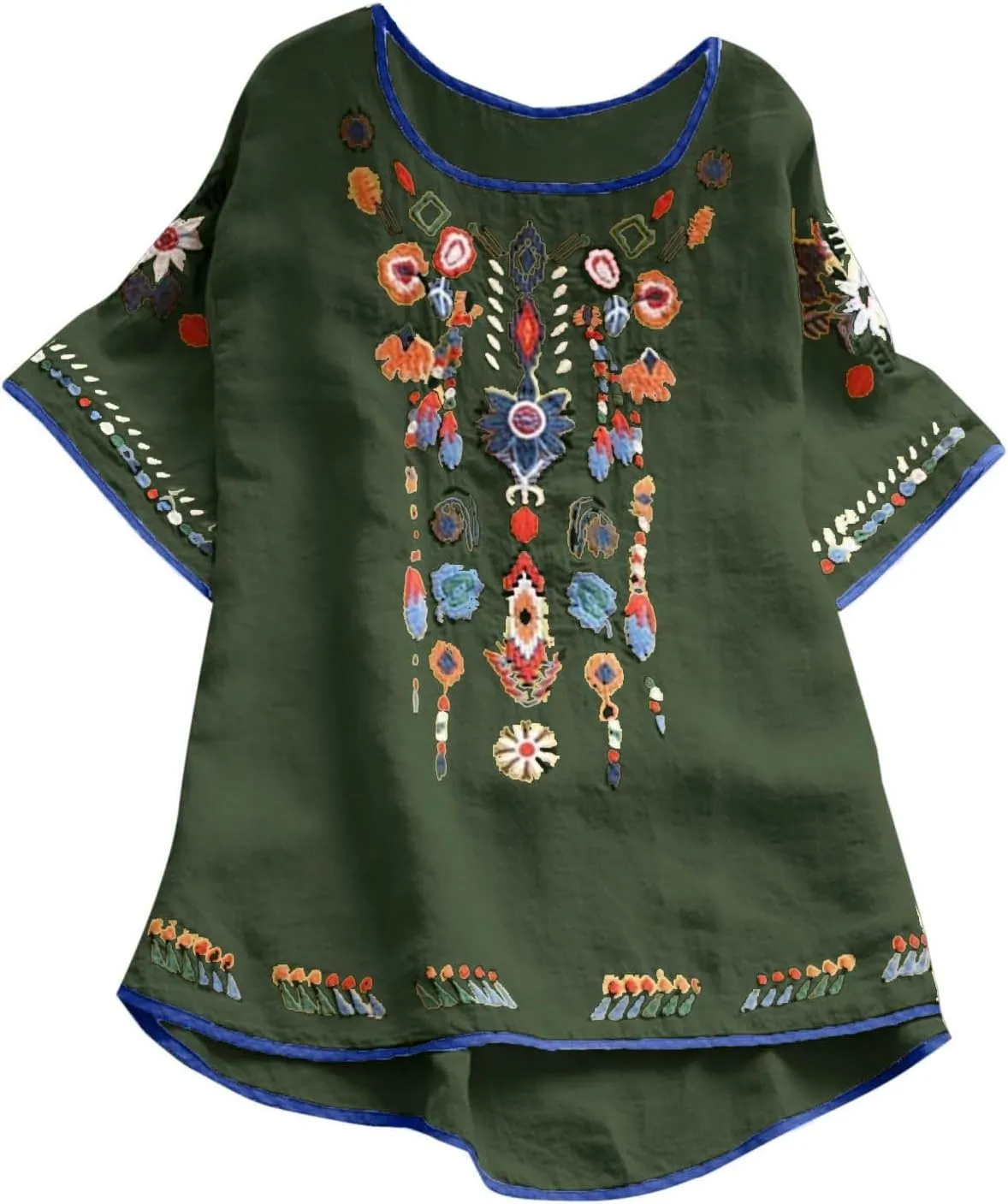 TANGNADE Womens Boho Mexican Embroidered Tops Short Sleeve Peasant Shirts Casual Loose Blouse Summer Bohemian Clothes