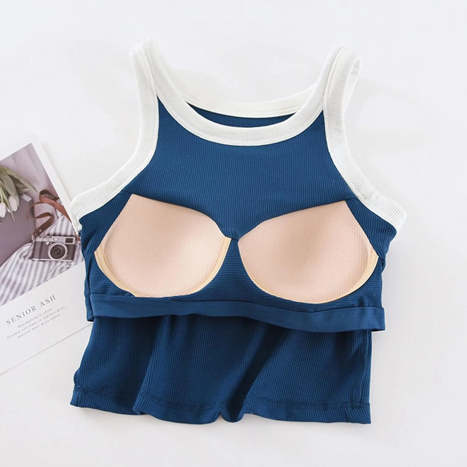 Tank Top for Women with Built-in Padded Bra Contrast Color Camisole Knit Cami Shirts Sports Yoga Crop Tops Gym Vest