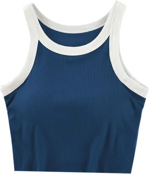 Tank Top for Women with Built-in Padded Bra Contrast Color Camisole Knit Cami Shirts Sports Yoga Crop Tops Gym Vest