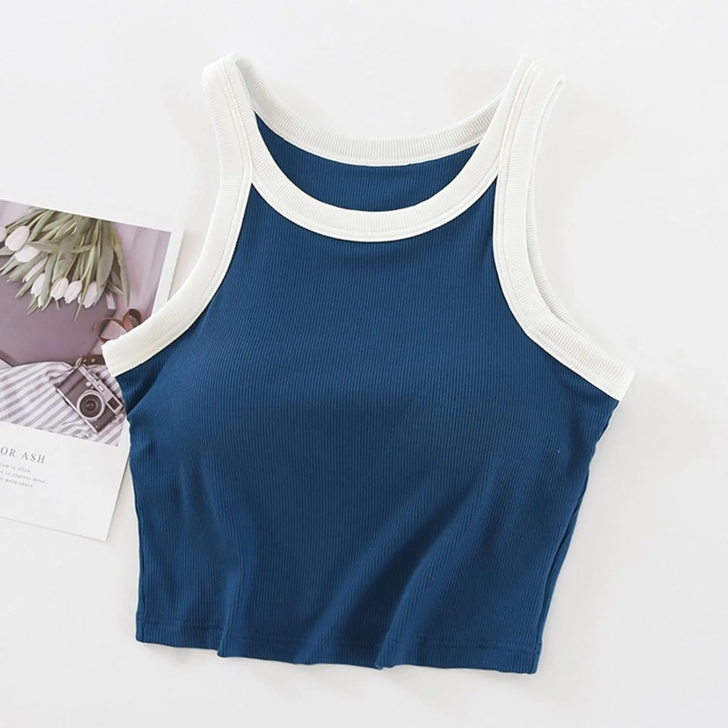 Tank Top for Women with Built-in Padded Bra Contrast Color Camisole Knit Cami Shirts Sports Yoga Crop Tops Gym Vest
