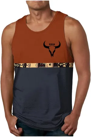 Tank Top Men Ethnic Color Block Vintage Tees Summer Bull Skull Print Shirts Sleeveless Beachwear Casual Pullover Tops
