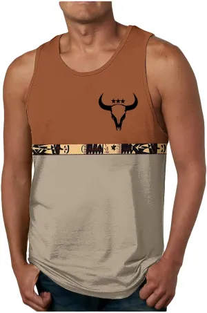 Tank Top Men Ethnic Color Block Vintage Tees Summer Bull Skull Print Shirts Sleeveless Beachwear Casual Pullover Tops