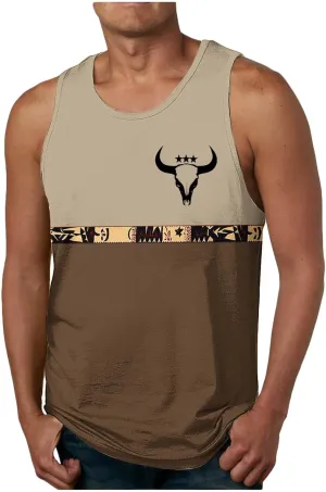 Tank Top Men Ethnic Color Block Vintage Tees Summer Bull Skull Print Shirts Sleeveless Beachwear Casual Pullover Tops
