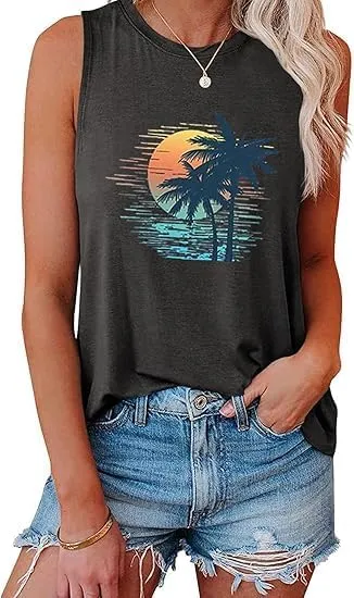 Tank Tops Women Palm Trees Beach Tank Tops Hawaiian Graphic Tees Summer Sleeveless Shirts Vintage Vacation T-Shirt